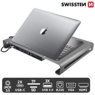 Swissten Multifunctional USB-C Laptop Docking Station / HDMI / USB 3.0 / 2x USB-C / RJ45 / SD / Micro SD / VGA / Audio (44040104)