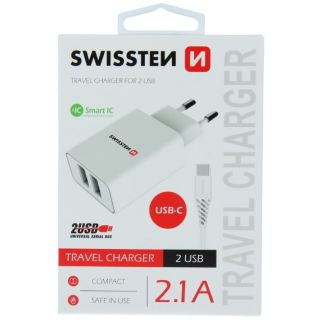 Swissten Smart IC Travel Charger 2x USB 2.1А with USB-C Cable 1.2 m (SW-SET-2X2.1AWCUC-WH)