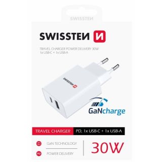 Swissten GaN Travel Charger PD 30W USB-C / USB (22037000)