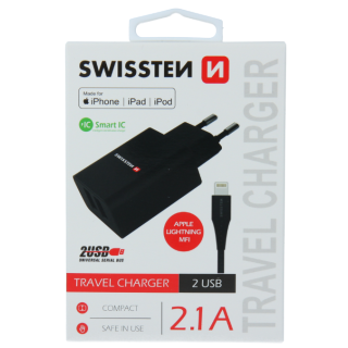 Swissten Smart IC Travel Charger 2x USB 2.1A with Lightning MFI Cable 1.2m (SW-SET-2X2.1AWCLIH-MFI-BK)
