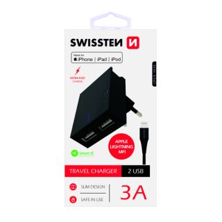 Swissten MFI Premium Apple Certified Travel Charger USB 3А / 15W With Lightning Cable 1.2m (SW-DET-3AWCLMFI-BK)