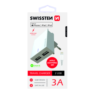 Swissten MFI Premium Apple Certified Travel Charger USB 3А / 15W With Lightning Cable 1.2m (SW-DET-3AWCLMFI-WH)