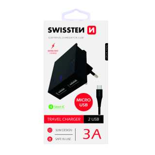 Swissten Premium Travel Charger USB 3A / 15W With Micro USB Cable 1.2m (SW-DET-2.1AWCM-BK)