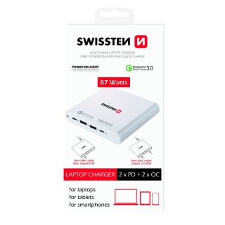 Swissten Travel Charger Notebooks and MacBook / 87W / PD3.0 / QC3.0 / PPS (SW-TCH-87W-PD30-QC30-W)