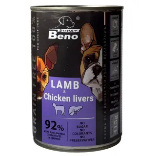 Super Beno konserv koerale lamba ja kodulinnu maksaga, tükid kastmes 415g (karp =10tk)