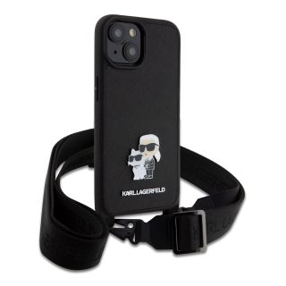 Karl Lagerfeld Saffiano Crossbody Strap Metal Karl and Choupette Case for iPhone 15 / black (KLHCP15SSAKCPBK)