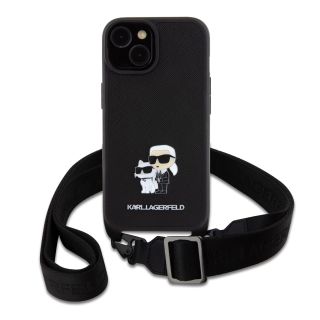 Karl Lagerfeld Saffiano Crossbody Strap Metal Karl and Choupette Case for iPhone 15 / black (KLHCP15SSAKCPBK)