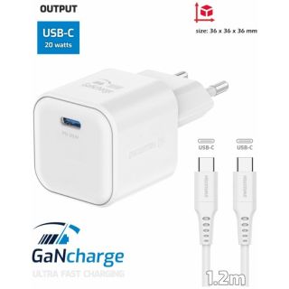 Swissten Travel Charger GaN USB-C 20W PD + Data Cable USB-C-USB-C 1.2m (22070120)