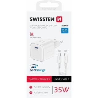 Swissten Travel Charger GaN USB-C 35W PD + Data Cable USB-C - USB-C 1.2m (22070220)