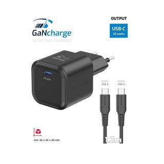 Swissten Travel Charger GaN USB-C 20W PD + Data Cable USB-C-USB-C 1.2m (22070130)