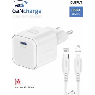 Swissten Travel Charger GaN USB-C 20W PD + Data Cable USB-C - Lightning 1.2m (22070140)
