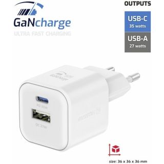 Swissten Travel Charger GaN USB-C 35W PD / USB-A 27W QC (22071200)