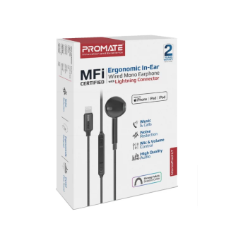 Promate MonoPod Ergonomic Mono MFI Certified In-Ear Wired Earphones Lightning  / 1.3m (MONOPODLT-BK)