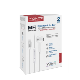 Promate MonoPod Ergonomic Mono MFI Certified In-Ear Wired Earphones Lightning / 1.3m (MONOPODLT-WH)