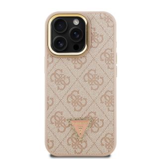 Guess PU 4G Strass Triangle Logo Stand Camera Frame MagSafe Case for iPhone 15 Pro Max / Pink (GUHMP15XPCS4GPTP)