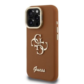 Guess PU Grained 4G Logo Stand Camera Frame Case for iPhone 15 Pro Max / Brown (GUHCP15XPCS4GSW)