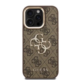 Guess PU 4G Metal Logo Stand Camera Frame Case for iPhone 15 Pro Max / Brown (GUHCP15XPCS4GP4W)