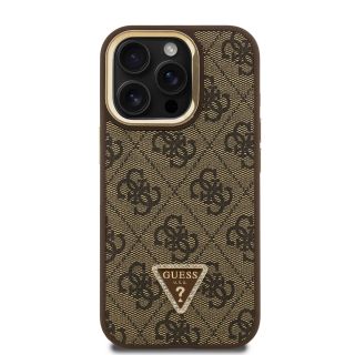Guess PU 4G Strass Triangle Logo Stand Camera Frame MagSafe Case for iPhone 15 Pro / Brown (GUHMP15LPCS4GPTW)