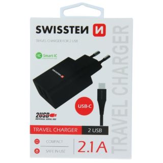 Swissten Smart IC Travel Charger 2x USB 2.1А with USB-C Cable 1.2 m (SW-SET-2X2.1AWCUC-BK)