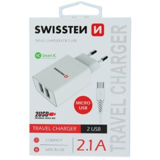 Swissten Smart IC Travel Charger 2x USB 2.1A with Micro USB Cable 1.2m (SW-SET-2x2.1AWCM-WH)