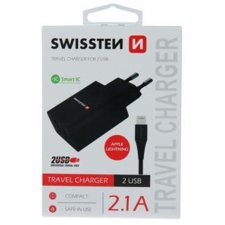 Swissten Smart IC Travel Charger 2x USB 2.1A with Lightning Cable 1.2m (SW-SET-2X2.1AWCLIH-BK)