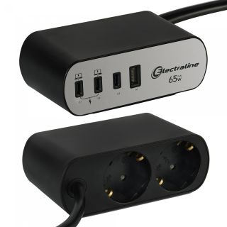 Electraline 62584 Extension Cord PD65W / 2P / SCHUKO+4USB / 3C+1A / 2M (ITR-62584)