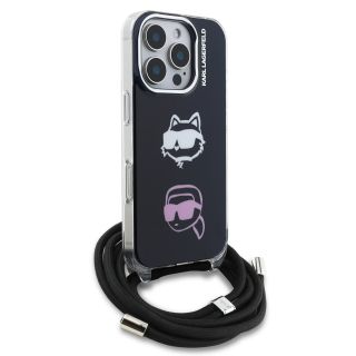 Karl Lagerfeld IML Crossbody Karl and Choupette Heads Case for iPhone 16 Pro / Black (KLHCP16LHCDHGFBK)