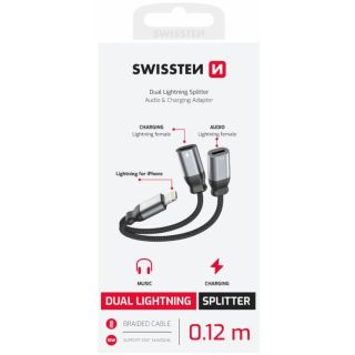 Swissten Textile Lightning Audio Charging Adapter 2x Lightning 0.12m (73502303)