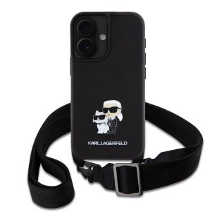 Karl Lagerfeld Saffiano Crossbody Strap Metal Karl and Choupette Case for iPhone 16 Plus / black (KLHCP16MSAKCPBK)