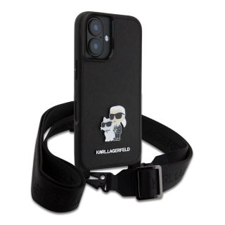 Karl Lagerfeld Saffiano Crossbody Strap Metal Karl and Choupette Case for iPhone 16 Plus / black (KLHCP16MSAKCPBK)
