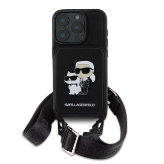 Karl Lagerfeld Saffiano Crossbody Strap Karl and Choupette Case for iPhone 16 Pro / black (KLHCP16LCSAKCPMK)