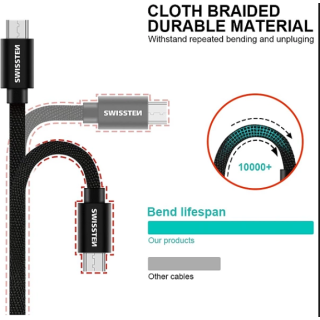 Swissten Textile Quick Charge Universal Micro USB Data and Charging Cable 3m (SW-QU-MICR-USB-3.0-BK)