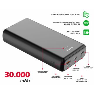 Swissten Line Power Power Bank 2xUSB / USB-C / Micro USB / Lightning / 20W / 30000 mAh (22013914)