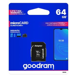 Goodram 64GB Micro SDHC U1-I Class 10 Memory Card with Adapter (M1AA0640R12)