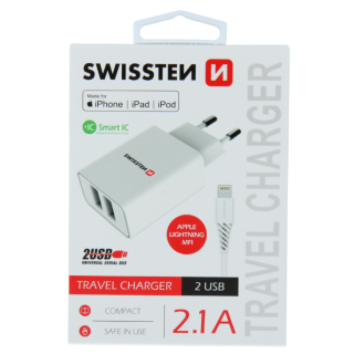 Swissten Smart IC Travel Charger 2x USB 2.1A with Lightning MFI Cable 1.2 m (SW-SET-2X2.1AWCLIH-MFI-WH)