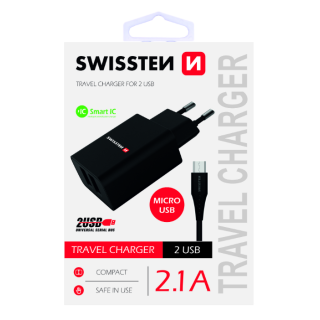 Swissten Premium Travel Charger USB 2.1A / 10.5W With Micro USB Cable 1.2m (SW-DET-2.1AWCM-B)