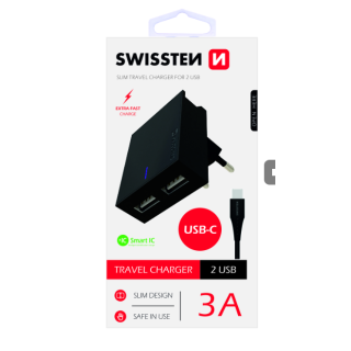Swissten Travel Charger USB 3А / 15W With USB-C Cable 1.2m (SW-DET-3AWCUC-B)