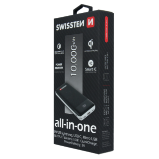 Swissten All In One Power Bank 3A / PD / QC 3.0 / Wireless 10W / USB / USB-C / 10000 mAh (SW-PWB-AIO-10000)