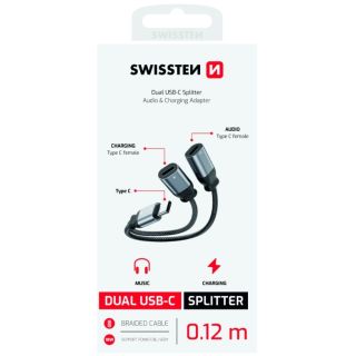 Swissten Textile USB-C Audio Charging Adapter 2x USB-C 0.12m (73502302)