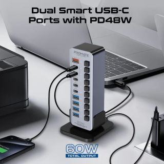 PROMATE GegaTower-60W Multiport Tower Hub 14-in-1 60W / QC3.0 / PD48W / USB 3.1 5Gbps (GEGATOWER60W)