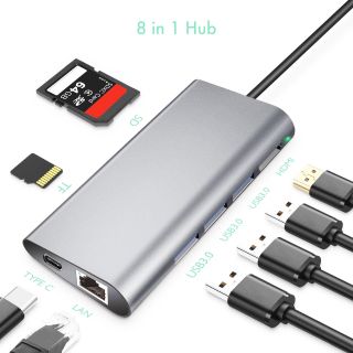 RoGer USB-C HUB 8in1 with USB-C PD / USB 3.0 x2 / RJ45 / HDMI / SD / TF card reader (RO-8IN1-SI)