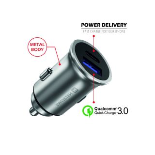 Swissten 36W Metal Car Charger Adapter with Power Delivery USB-C + Quick Charge 3.0 For mobile phones and tablets (SW-CCH-ME2-QC3.0-PD-36W-S)