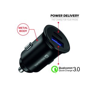 Swissten Metal Car Charger Adapter with Power Delivery USB-C + Quick Charge 3.0 / 36W For mobile phones and tablets (SW-CCH-ME2-QC3.0-PD-36W-BK)