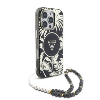 Guess IML Palm Trees Triangle Logo Pearl Strap MagSafe Case for Apple iPhone 16 Pro (GUHMP16LHPCTPLSK)