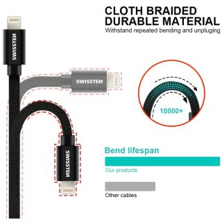 Swissten MFI Textile Fast Charge 3A Lightning Data and Charging Cable 1.2m (SW-MFI-LIGH-3A-1.2M-BK)