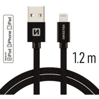 Swissten MFI Textile Fast Charge 3A Lightning Data and Charging Cable 1.2m (SW-MFI-LIGH-3A-1.2M-BK)