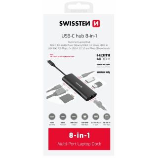 Swissten 8in1 USB-C Hub Aluminium USB-C 100W / HDMI 4K / LAN RJ45 / 2x USB-A / USB-C / SD / MICRO SD (44040203)