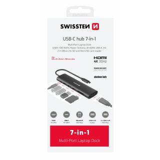 Swissten Aluminium Multi-Port Laptop Dock USB-C Hub 7in1 USB-C 100W / HDMI 4K / USB-A 3.0 / 2x USB-A 2.0 / SD / MicroSD (44040202)