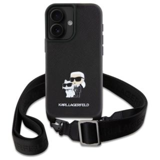 Karl Lagerfeld Saffiano Crossbody Strap Metal Karl and Choupette Case for Apple iPhone 16 (KLHCP16SSAKCPBK)