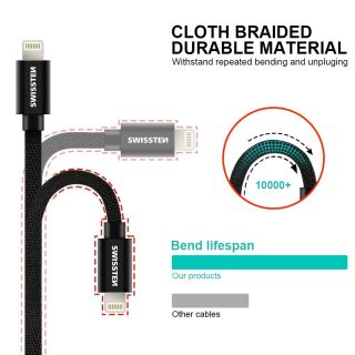 Swissten Textile Fast Charge 3A Lightning Data and Charging Cable 1.2m (SW-QU-LIGH-3A-1.2M-BK)